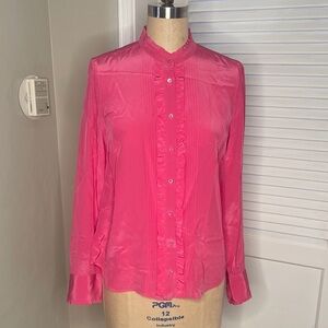 J. Crew pink Ruffled tuxedo blouse. Sz 8/10 100% Silk